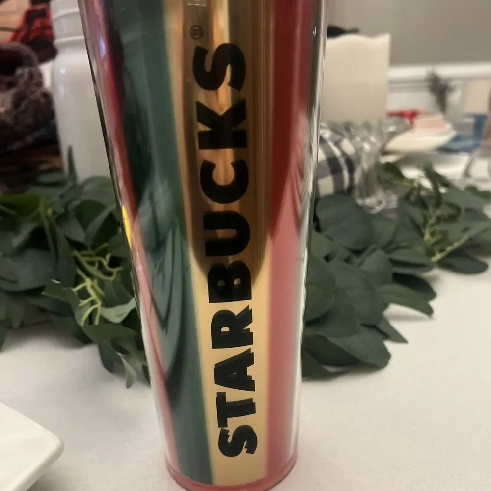 Starbucks 2024 Metallic Red Green Gold Stripe Dome Cup Limited Edition‎ w/straw